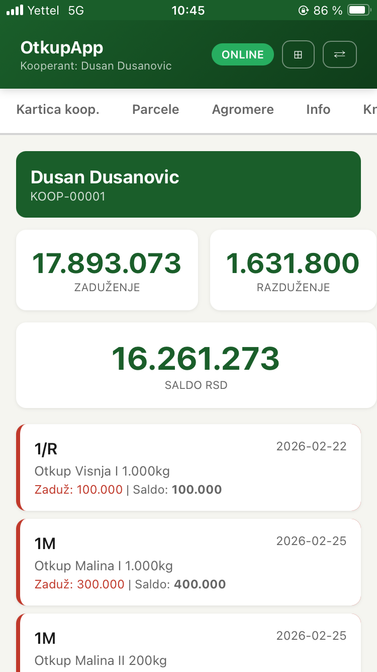 Kartica kooperanta — zaduženje, razduženje, saldo
