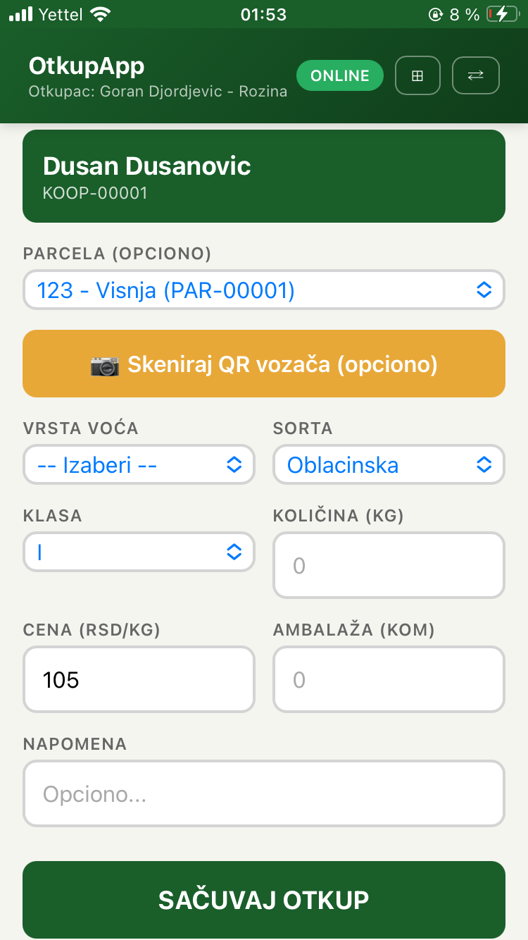 Unos otkupa sa kooperantom i parcelom
