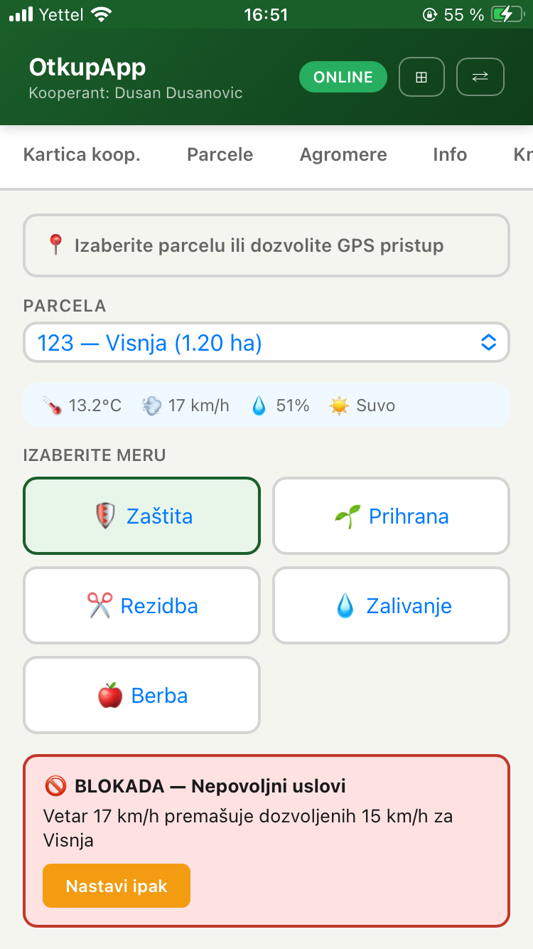 Izbor parcele sa meteo uslovima i upozorenjem