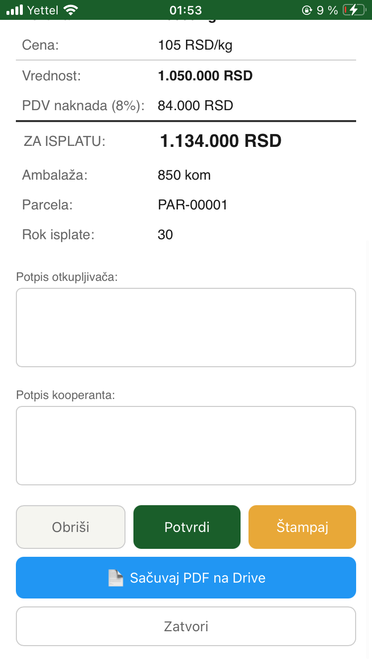 Otkupni list sa obračunom i potpisima