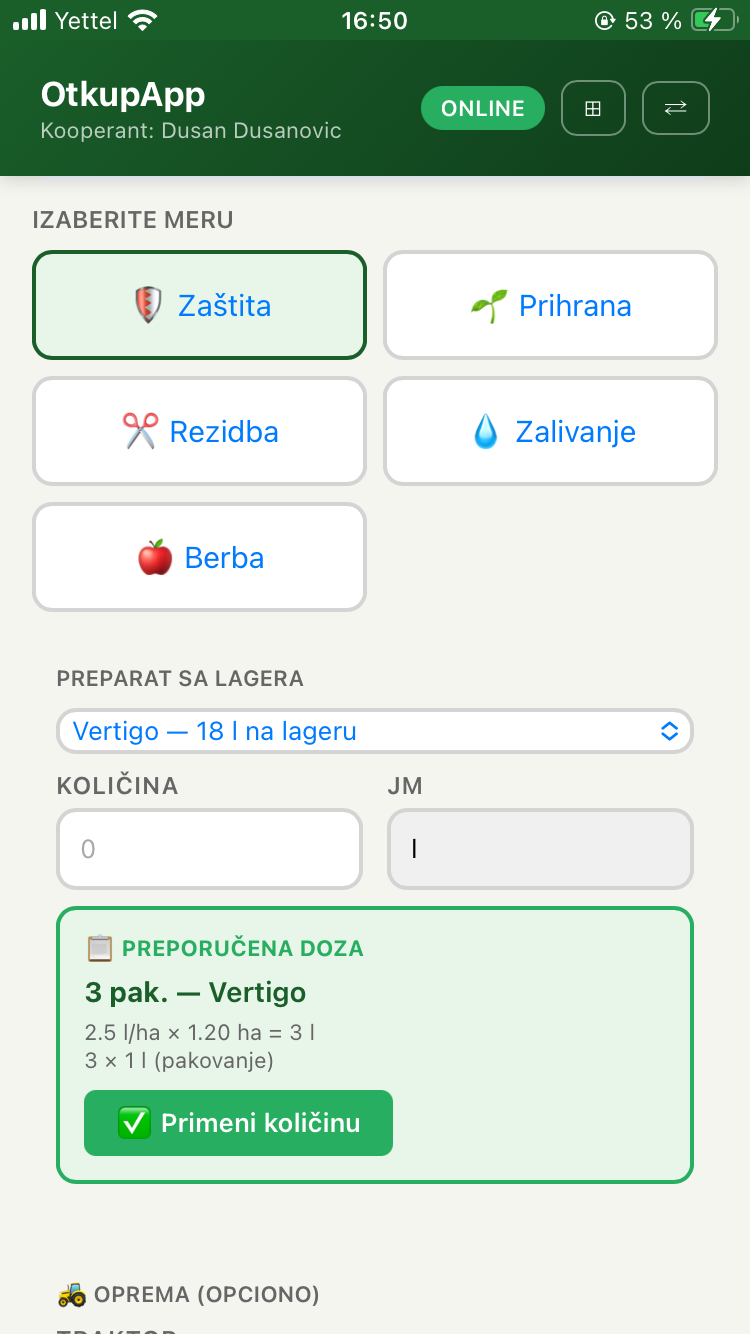 Preporučena doza preparata po površini parcele