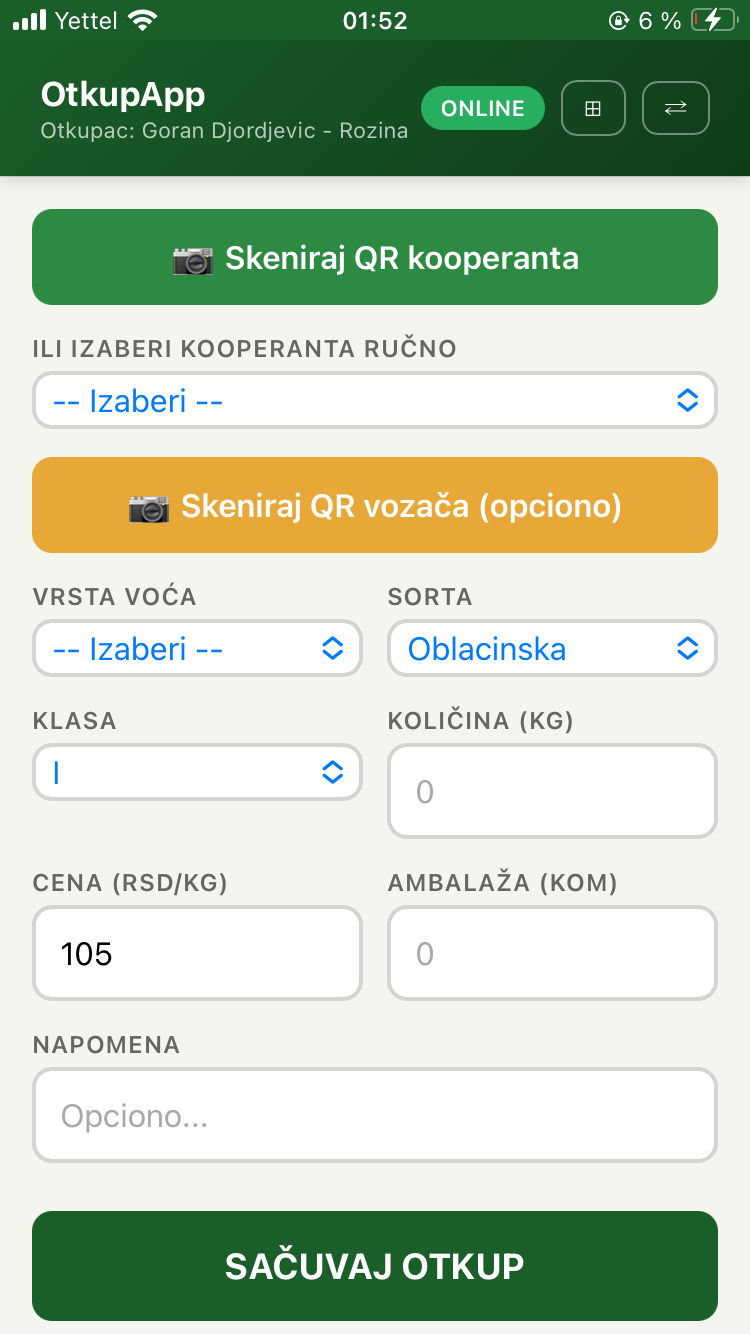 QR skeniranje kooperanta pri otkupu voća